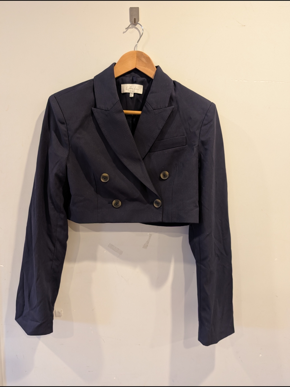 L'Academie Revolve Aven Navy Pinstripe Cropped Blazer Cool Girl Sz S Academia